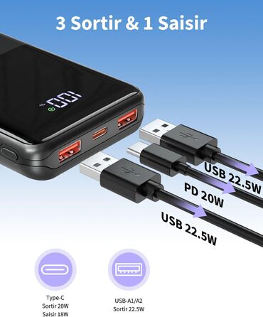 Портативний зарядний акумулятор Power Bank 20000mAh з швидкою зарядкою 22.5W, LCD дисплеєм, 1 USB-C, 2 USB-A для iPhone 17/16/15/14/13 та смартфонів, чорний