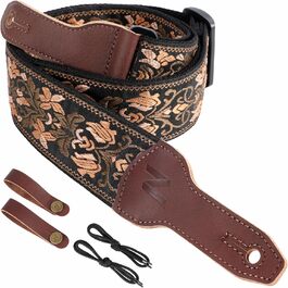 Гітарний ремінь Nefelibata Banjo-Gurt, 5,1 см, повна шкіра з нубуку, вишивка золотими квітами