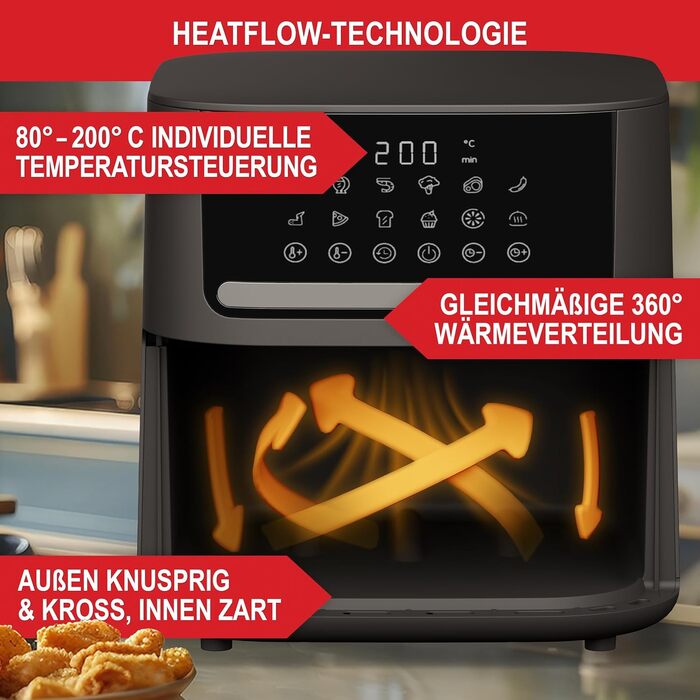 Фритюрниця ONBEST з великим оглядовим вікном та 12 програмами приготування – XL Airfryer об'ємом 6,5 л, 1600 Вт + 100 листів пергаментного паперу для випікання. Готування без олії для 2-5 осіб