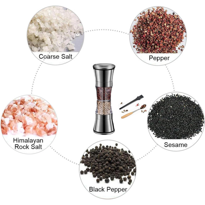 Мельниця для солі та перцю 2-в-1, ручна з регулюванням, з керамічним жорном, нержавіюча сталь