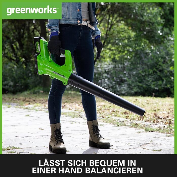 Greenworks G24ABK2 Axial Cordless Leaf Blower, 156 km/h, 4.27 m³/min, 24V 2Ah Battery & Charger, 3-Year Warranty