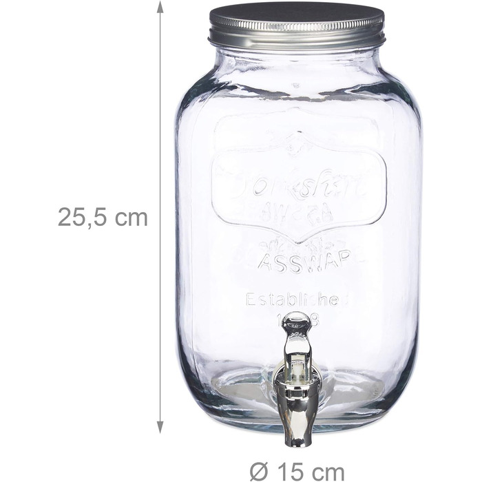 Диспенсер для напоїв Relaxdays 3,5 л, скло, кран, ретро, сафтоспенсер, гастрономія, вінтаж, лимонадник для вечірок на подвір'ї, прозорий