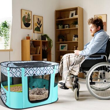 Клітка-забіг для цуценят та собак, складана, 70x55x40 см, зелена в клітинку