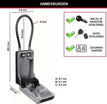 Master Lock Outdoor Key Safe Wall Mount - XL with Cable Lock - 11.9 x 8.5 x 3.6 cm