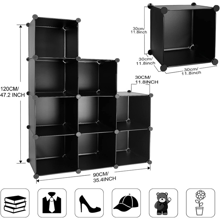 TUMUCUTE Storage Cube Shelf with 9 Cubes, Plastic, Cabinet, Modular, Bookshelf, Storage Shelves for Bedroom, Living Room, Office, Black