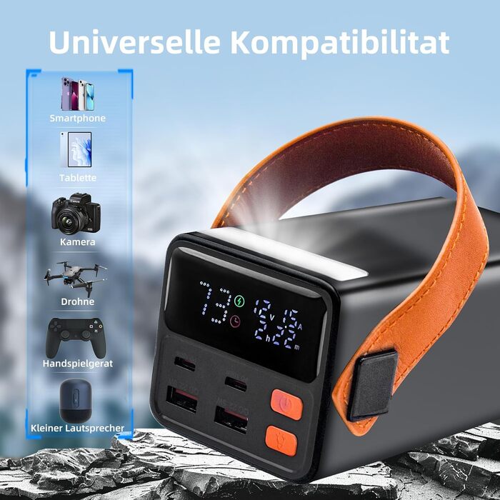 Powerbank 80000 mAh з інтегрованим кабелем, LED-дисплеєм, ліхтариком та швидкою зарядкою 22.5W. Сумісний з iPhone, iPad, Tablet, Steam Deck та іншими пристроями