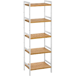 SONGMICS Bamboo Shelf, Kitchen Shelf, Bathroom Shelf, Bookshelf, Freestanding Shelf with 4 Shelves, 45 x 31.5 x 111 cm, for Bathroom, Kitchen, Living Room, Bedroom, Balcony, Natural White-Colored BCB74WN (5 Shelves (142H cm))