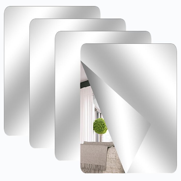 Самоклеючі дзеркальні наклейки на плитку, 4 шт. (40x30 см, круглий кут) - акрилові дзеркала для дому, школи, ванної кімнати