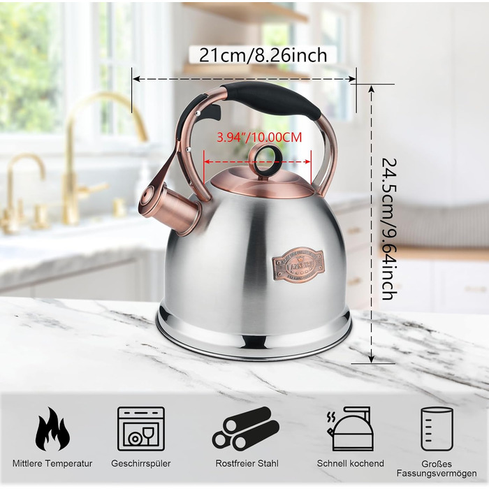 Чайник-свисток 3л з нержавіючої сталі, індукційний, з термостійкою ручкою (срібний)