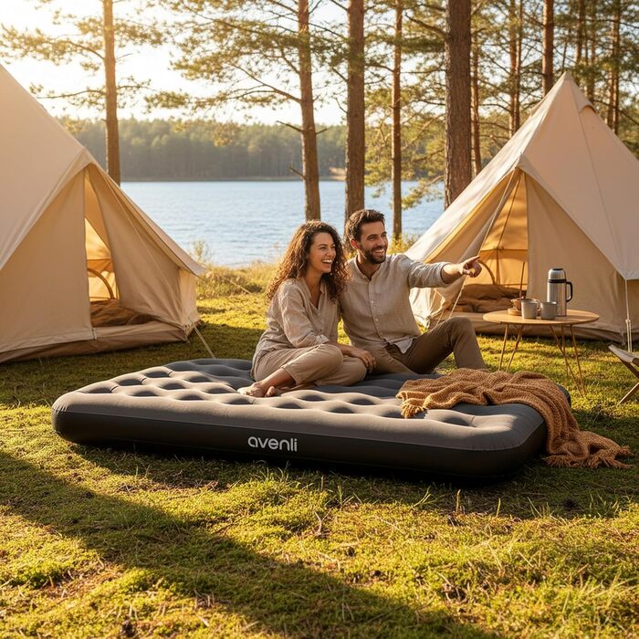 Надувний матрац Avenli для кемпінгу 1-2 особи, 191x137x22 см, сірий - гостьовий матрац з флокованою поверхнею для дому та подорожей