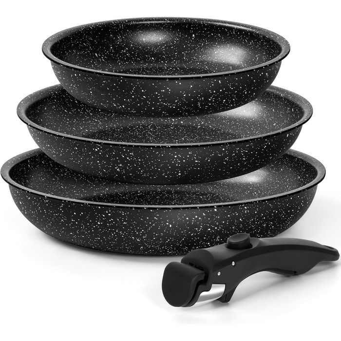 Набір сковорідок Michelangelo 4 шт. (20/24/28 см) знімний ручка, для індукції, антипригарне покриття мармур, до 240°C, чорний