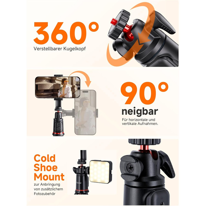 Штатив для смартфона Rollei з автоматичним відстеженням обличчя та стабілізацією відео, 360° для TikTok Live Streaming, вбудований акумулятор, гнучкий трипод