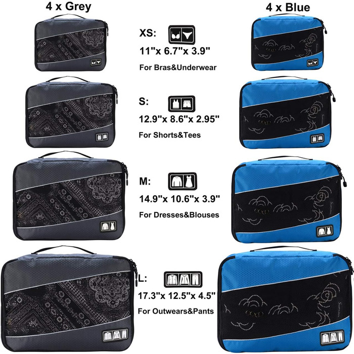 Органайзери для подорожей - набір 8 шт. (сірий/блакитний)