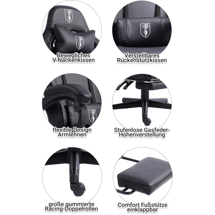 TRISENS Gaming Chair with Racing Design featuring flexible padded armrests, ergonomic PC gaming chair in leather look, desk chair with retractable footrest and extra support cushion, color: black
