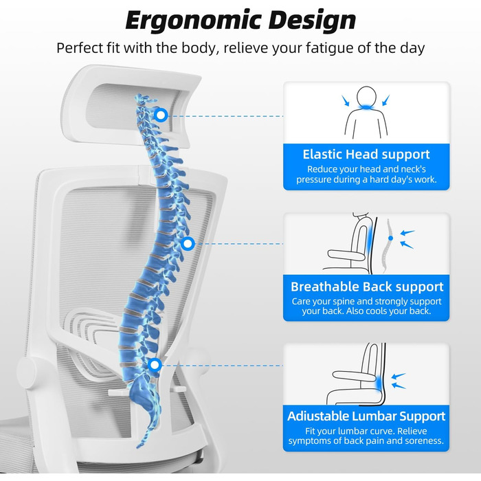 Ергономічне крісло Daccormax для офісу з регульованою підголівником, підлокітниками та підтримкою попереку. Офісне крісло, поворотне, з функцією гойдання, mesh-сидіння, для спини, до 150 кг (сірий)
