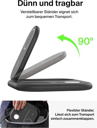 Зарядний пристрій Belkin BoostCharge 3-в-1 з підтримкою MagSafe Qi2, 15 Вт, складаний підставка для iPhone, Apple Watch, AirPods, з адаптером живлення – Чорний