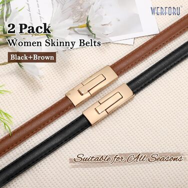 Жіночий шкіряний ремінь WERFORU - тонкий, регульований, з декоративною золотистою пряжкою, чорний+коричневий, довжина 105 см, розмір талії до 93 см