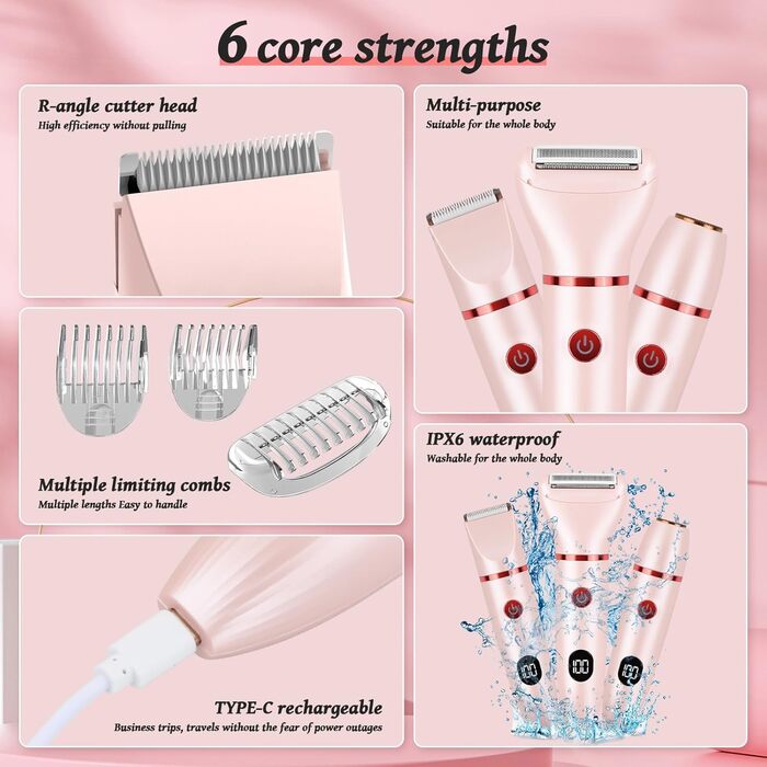 Електричний жіночий тример 3-в-1 для тіла, обличчя та інтимної зони, 3 насадки, IPX7, для жінок