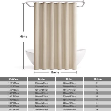 Шторка для душу MIULEE з льону, 120x200 см, світло-бежева, важка, поліестер, водонепроникна, з антигрибковим покриттям, для ванної кімнати, з 8 кільцями