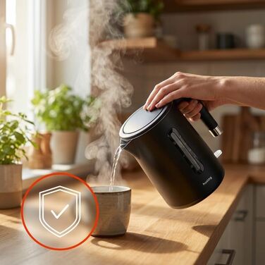 Електричний чайник з подвійними стінками 1,7л, 2200W, швидке кип'ятіння, тихий та безпечний, бездротовий з 360° базою, знімною кришкою, точним виливом (Чорний)