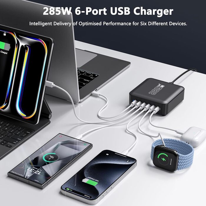 Зарядний пристрій USB-C GaN 285W, 6 портів: Швидка зарядка PD+QC для ноутбуків, MacBook, iPhone 16, Galaxy S23 та інших