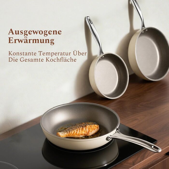 Набір сковорідок Koch Kode з керамічним покриттям 20/24/28 см, з нержавіючою ручкою, для індукційних плит, без PTFE та PFOA, придатні для миття в посудомийній машині та випікання, бежевий