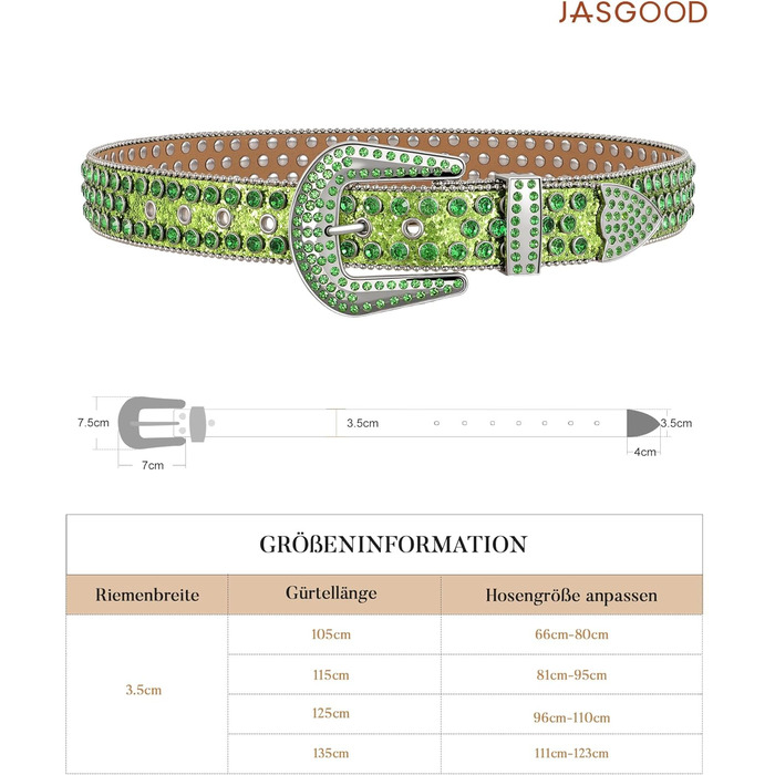 Жіночий шкіряний ремінь JasGood з камінням, стиль вестерн, ковбойський, з заклепками, для джинсів та штанів (Зелений, 135 см, підходить для розміру штанів 111-123 см)