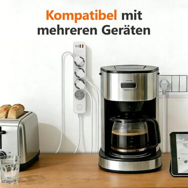 Мережевий фільтр 4 розетки з 2 USB-A та 2 USB-C (PD20W), захист від перенапруги, вимикач, 2м кабель, для дому/офісу, білий