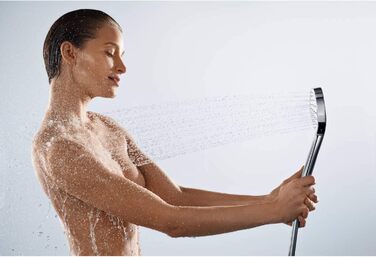Hansgrohe Croma Select E Showerhead, Shower Spray, Water-Saving, 3 Spray Patterns, Anti-Limescale Function, White/Chrome