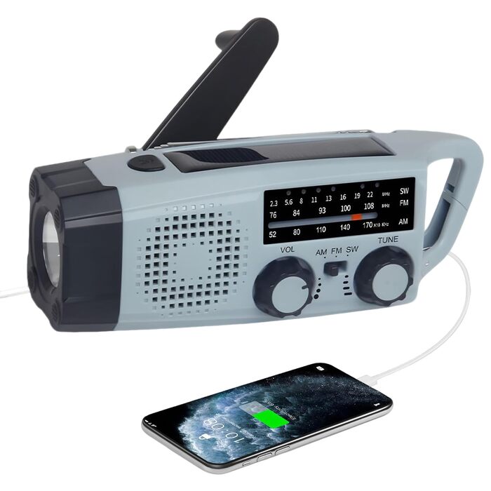 Радіо Kurbel з ручним заводом та сонячною панеллю, AM/FM/SW, 2000mAh, з SOS сигналом та ліхтариком - аварійне радіо для кемпінгу
