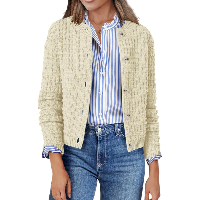 Жакет Zeagoo з довгими рукавами, кардиган з круглою шиєю, в'язаний жакет на ґудзиках, відкритий спереду, елегантний в'язаний светр для жінок (M, пісочний)