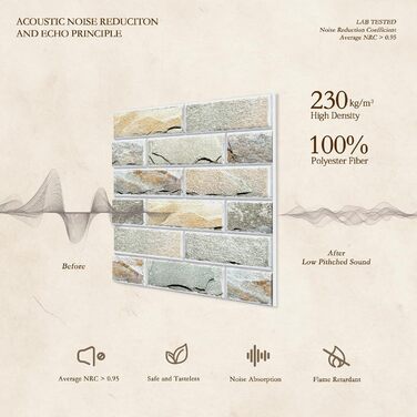 Акустичні панелі JBER самоклейні для звукоізоляції, шумопоглинаючі стінові панелі «Цегла» для студії, офісу та дому, 30 x 30 x 1 см, 12 шт, колір сірий (камінь)