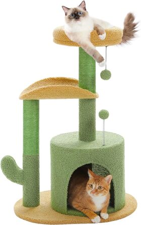 PETEPELA Cactus Scratch Tree Small 84cm Modern Cat Tree Detachable Top Bed, Plush Cave, 2 Sisal Posts, 2 Play Balls, Green