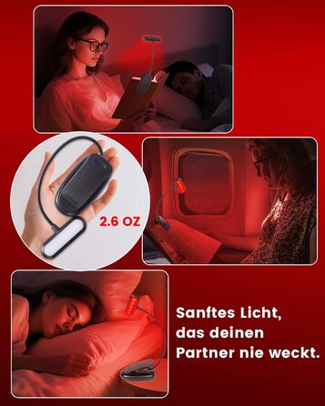 Ліхтарик для читання з червоним світлом 670 нм, кліпса на книгу, з функцією пам'яті, димування та USB-зарядкою. Без синього світла, портативний, для ліжка та захисту очей.