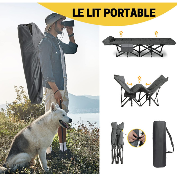 Складне кемпінгове ліжко ATORPOK, міцне для дорослих, до 250 кг, для відпочинку на природі, кемпінгу, подорожей, дому (сірий)