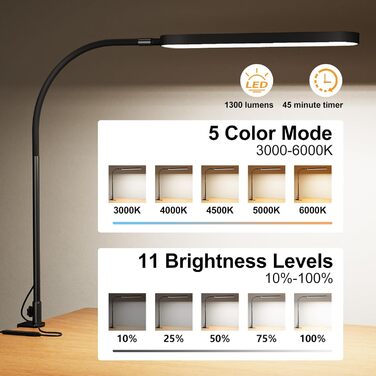 SKYLEO LED Desk Lamp with Adjustable Gooseneck - 80cm Height, 5 Color Modes, 11 Brightness Levels, Timer & Memory Function, 12W, Clamp-On Design