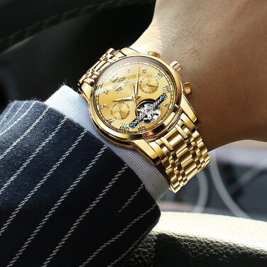 Чоловічий годинник OLEVS Automatik з турбійоном, календар, чорний, золотий, водостійкий, світловий, двоколірний | Механічний годинник для чоловіків