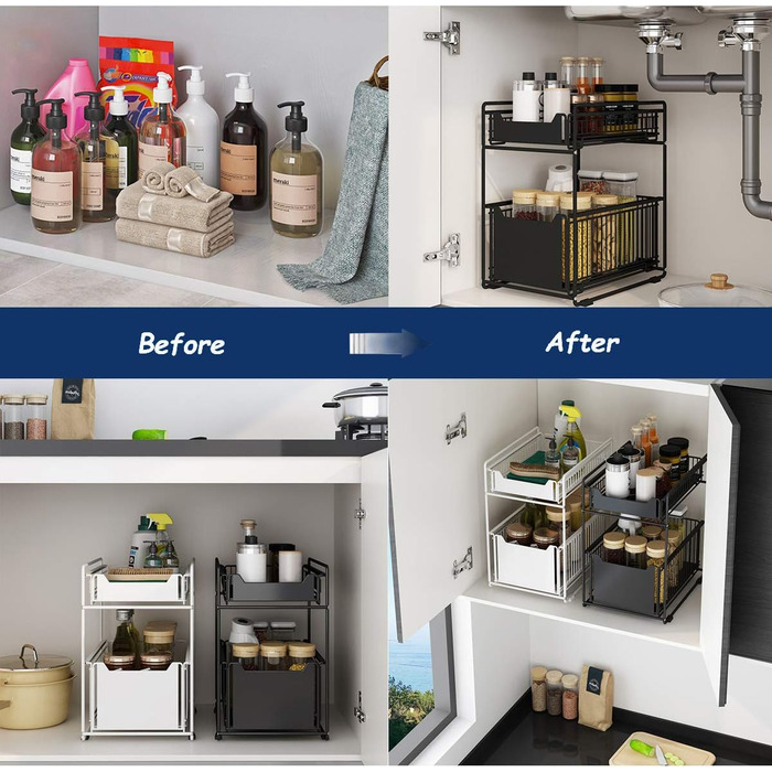 Under-Cabinet Organizer with 2 Tiers, Adjustable Height, with Wooden Handle, Pull-Out Metal Basket for Kitchen and Bathroom (Black)