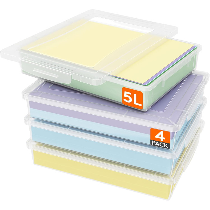 Lifewit 4 Pack 5L Storage Boxes with Lids, Plastic Boxes with Clip Closures, A4 Document Boxes, Transparent Organizers, Multi-Purpose Boxes for Crafts, Paper, Art Supplies, Building Blocks, Tools