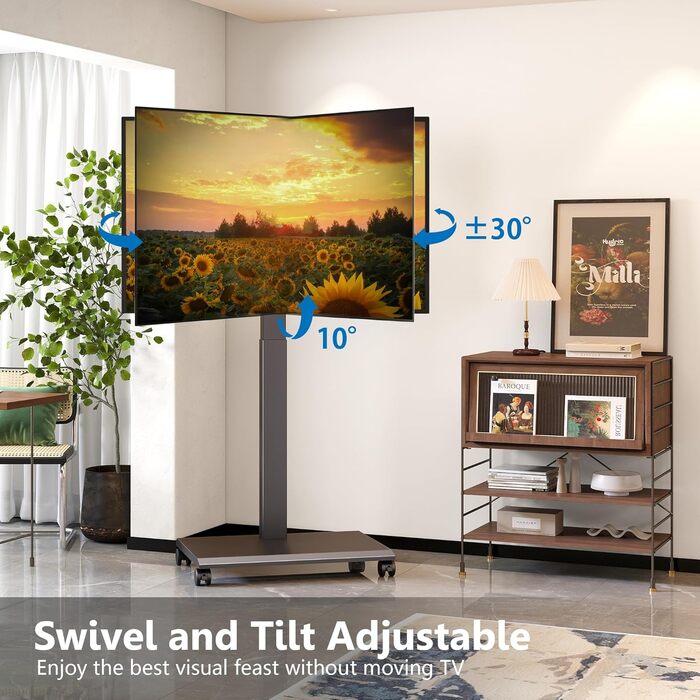 FITUEYES Mobile TV Stand - Rolling TV Cart for 32-75 inch Plasma/LCD/LED TVs - Height Adjustable, Swivel & Tilt, up to 40kg, VESA 600x400mm (Black)