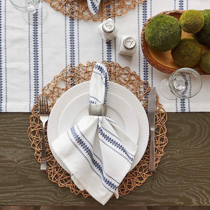 DII Zig Dobby Tabletop Collection, white cotton background with decorative stripes napkin set, blue (French Blue), 20