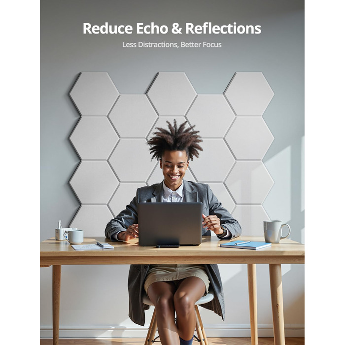 Акустичні гексагональні панелі самоклеючі для звукоізоляції, 12 шт, поглинач шуму для студії, вітальні, геймерської кімнати та офісу, 30 x 26 x 0,9 см (Білий)