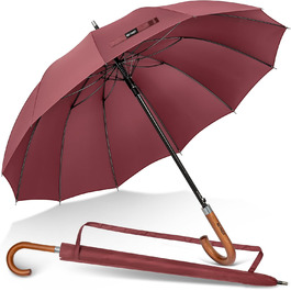 KEYHOT Windproof Umbrella - Large Stick Umbrella with Wooden Handle for Men & Women - 12 Ribs, XL - Burgundy, 118cm
