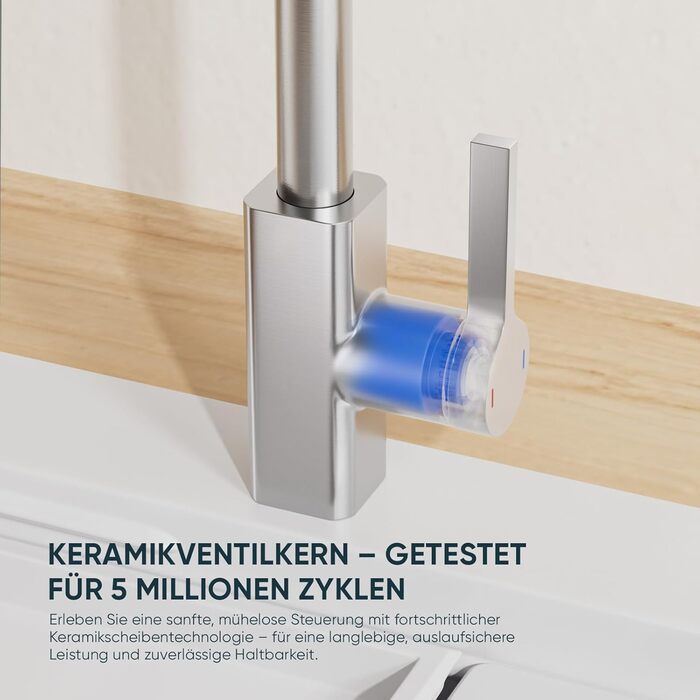 Кухонний змішувач BESy з 3 режимами струменя, висувна лійка, водоспад, поворотний на 360°, для високого тиску, з нержавіючої сталі SUS304, щіткова обробка