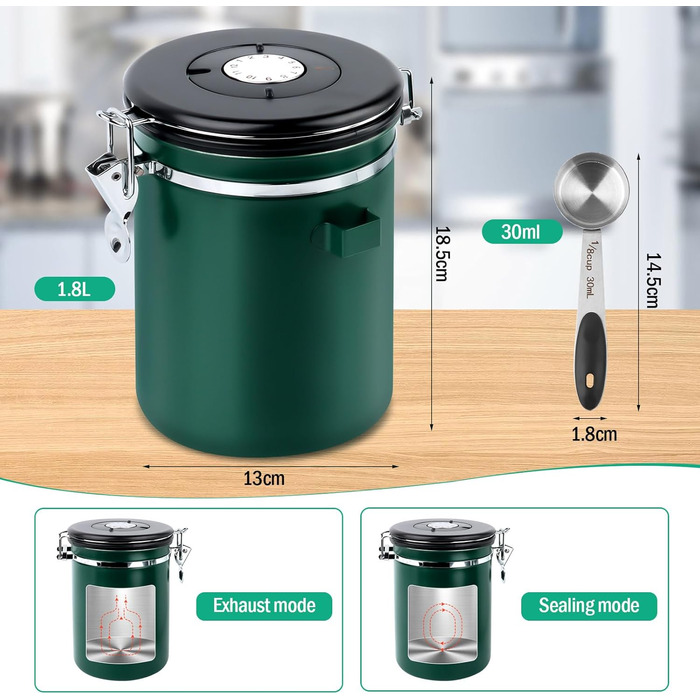 Герметичний контейнер для кави з нержавіючої сталі 1.8L з випускним клапаном, 1.8 л, Vorratsdose для кавових зерен, горіхів, какао