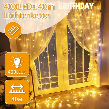 LED гірлянда 20м 200LED тепле біле світло, 8 режимів, таймер, пульт, IP44, для декору саду, вечірки, весілля, Різдва