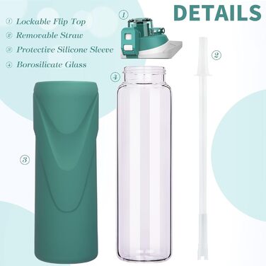 1 liter / 1l Drinking Bottle Glass with Straw BPA Free Glass Bottle with Silicone Sleeve Borosilicate Glass Water Bottle (Deep Green)