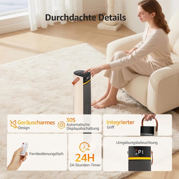 Електричний обігрівач Aigostar 2000W з пультом керування, ECO-режим, PTC кераміка, таймер 24год, тихий, осциляція 75°, 4 режими, захист від перекидання та перегріву, білий