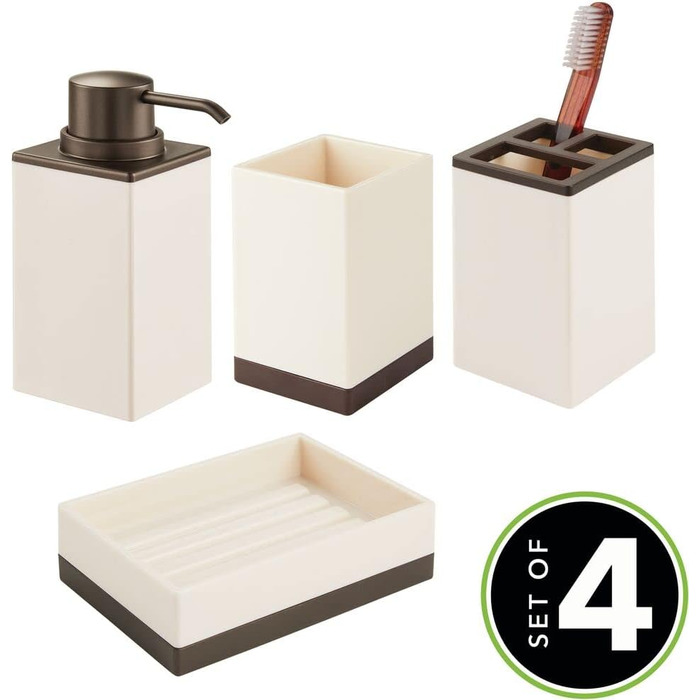 Набір аксесуарів для ванної кімнати mDesign 4-Piece – тримач для зубних щіток, дозатор мила, мильниця та стаканчик, кремово-бронзовий колір, міцний пластик