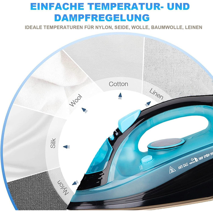 Пароочищувач для одягу бездротовий 2400W з керамічною підошвою, вертикальне прасування, функція Steam Iron Blau2